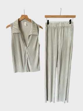 Commense Pleated Sleeveless Button Top & Wide Leg Pants Set - Light Sage